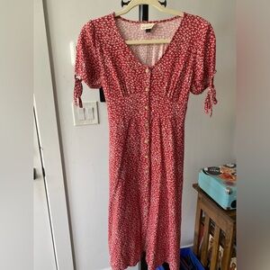 Red and white floral midi dress